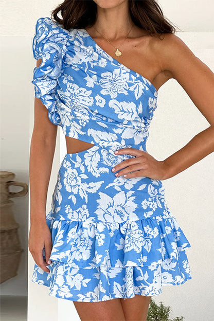 One Shoulder Cut Out Print Ruffle Mini Dress