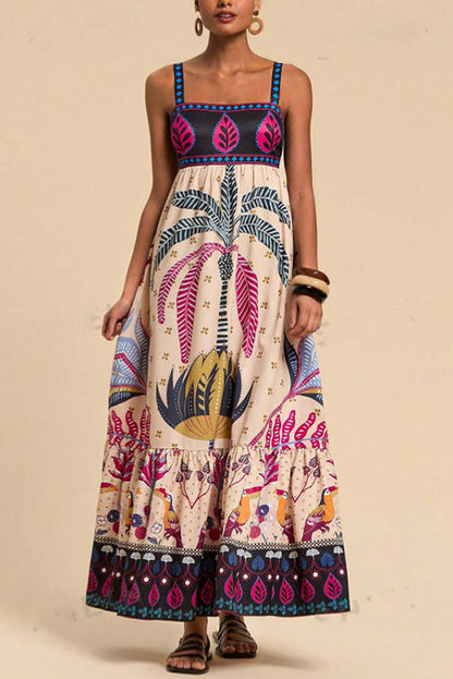 Tropical Print Backless Resort Maxi Dress