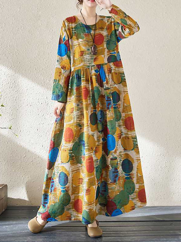 A-line Long Sleeves Pleated Polka-dot Split-joint Round-neck Maxi Dresses