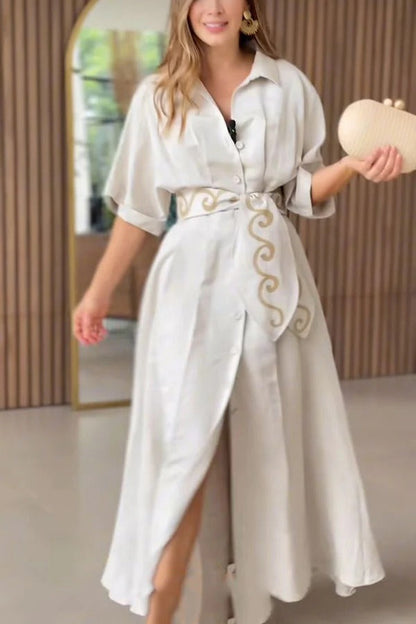 Color Lapel Pocket Pattern Lace-up Loose Maxi Dress