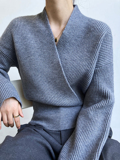 French Grey Cross V-neck Long Sleeve Sweater Qx012