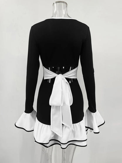 Ruffled Backless Tee Bow Mini Dress Female Slim High Waist Party Dress Commute Clothes Autumn Dress