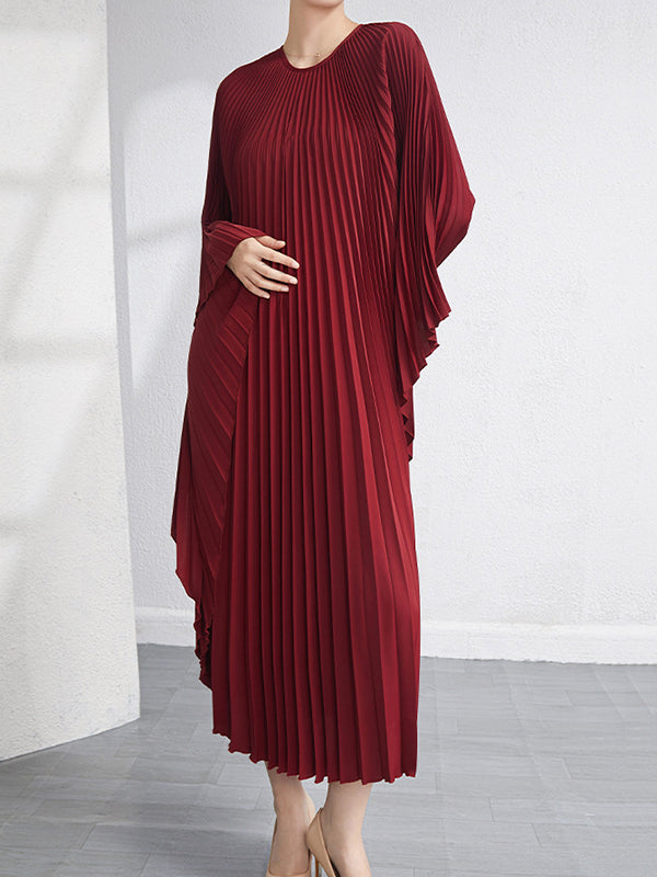 Batwing Sleeves Loose Pleated Color Maxi Dresses