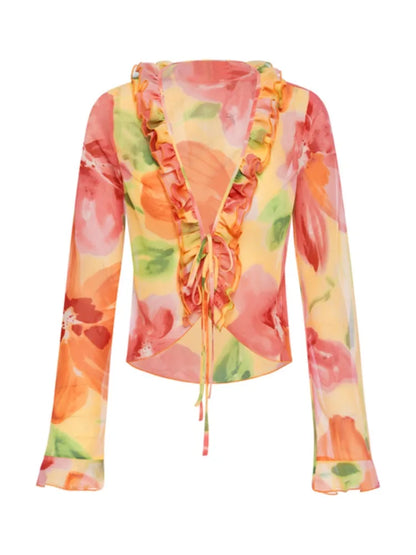 Ruffle Blouse See-through Lace V-neck Tops for Long Sleeve Summer Shirt Party Beach Cropped Top