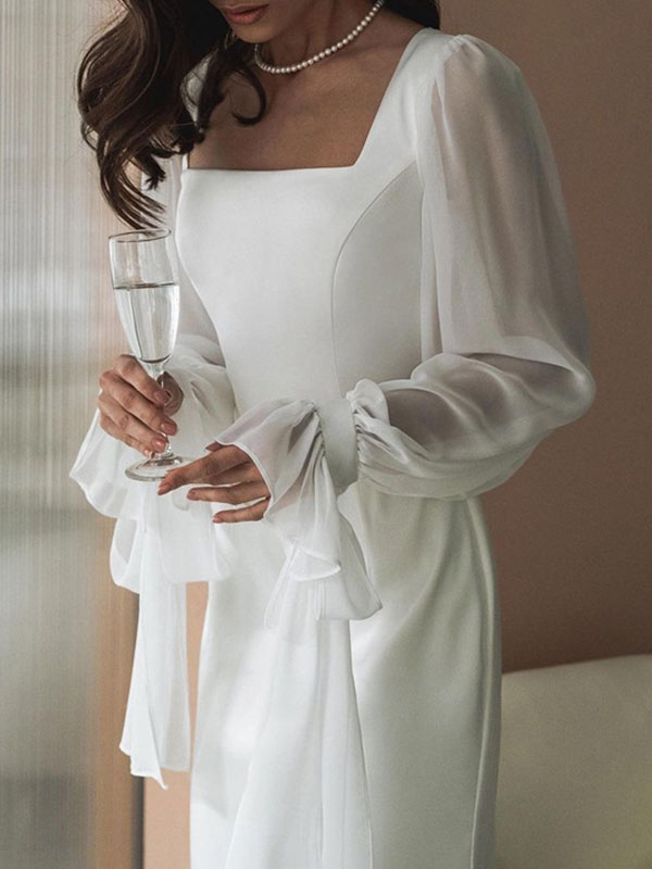 Flared Sleeves Skinny Gauze Pleated See-through Color Split-joint Square-neck Maxi Dresses
