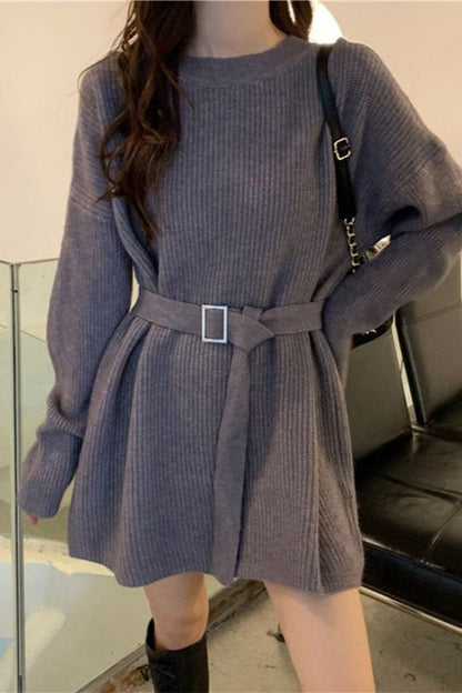 French Style Tie-waist Knit Mini Dress