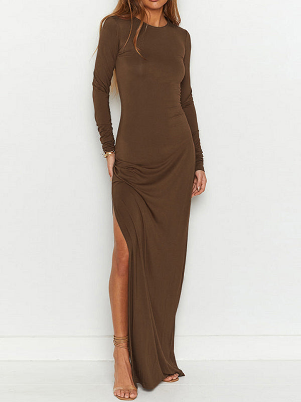 Bodycon Long Sleeves Backless Hollow Color Split-side Round-neck Maxi Dresses