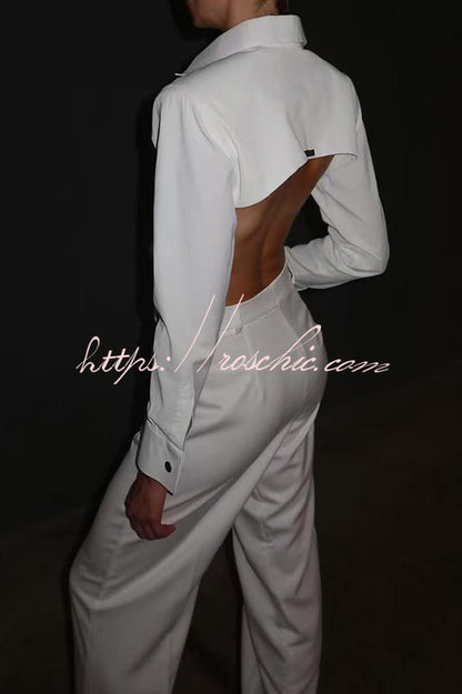 Style Long Sleeve Open Back Blouse and Pocketed Straight Leg Loose Pants Set
