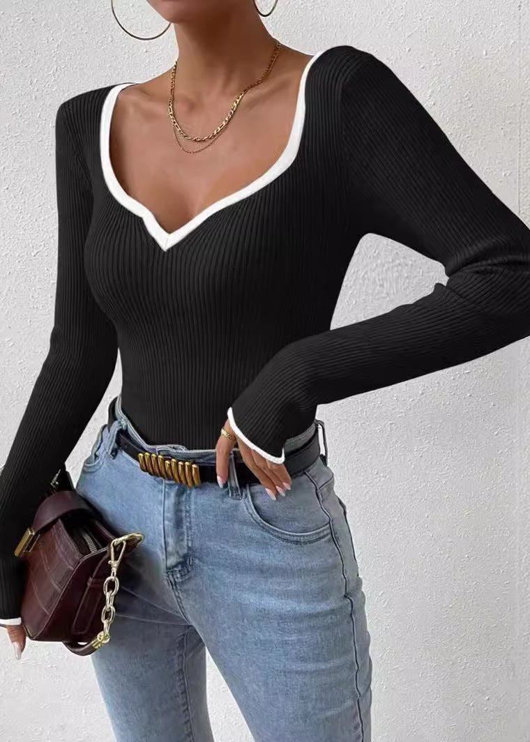 Classic Ribbed Knit V-neck Sweater With Contrast Trim