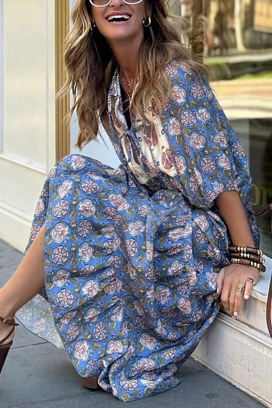 Unique Print Puff Sleeve Lace-up Loose Holiday Maxi Dress