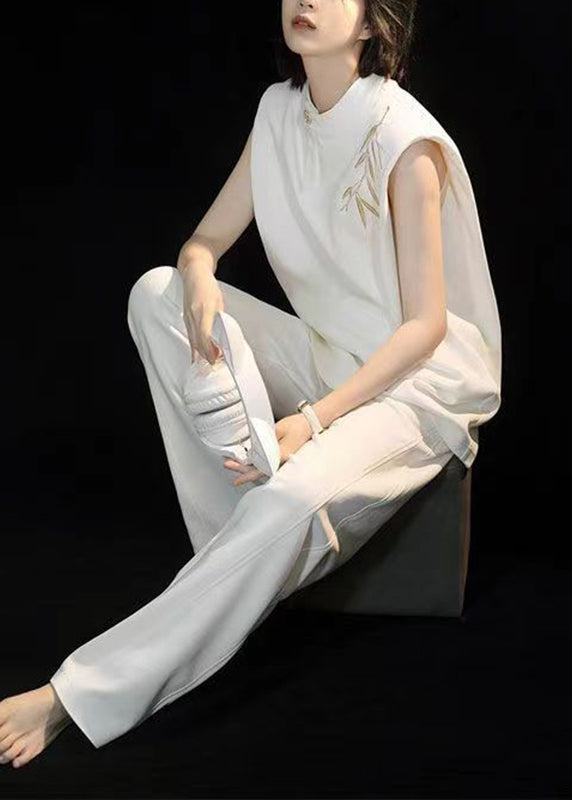 Chinese Style White O-neck Embroidered Top and Straight Pants Two Piece Set Summer Tt1014
