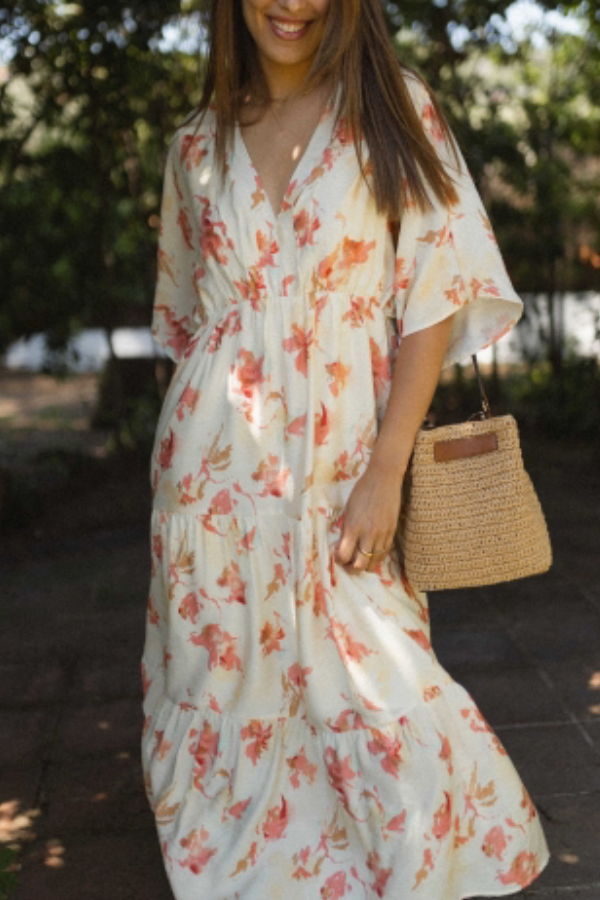 V-neck Loose Printed Long Dress