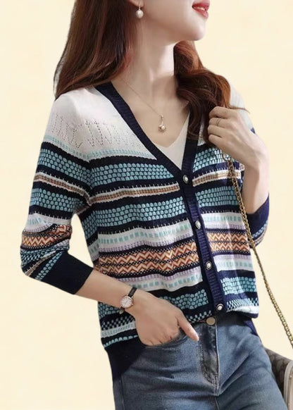Colorblock V Neck Striped Patchwork Button Knit Cardigans Fall Qp010
