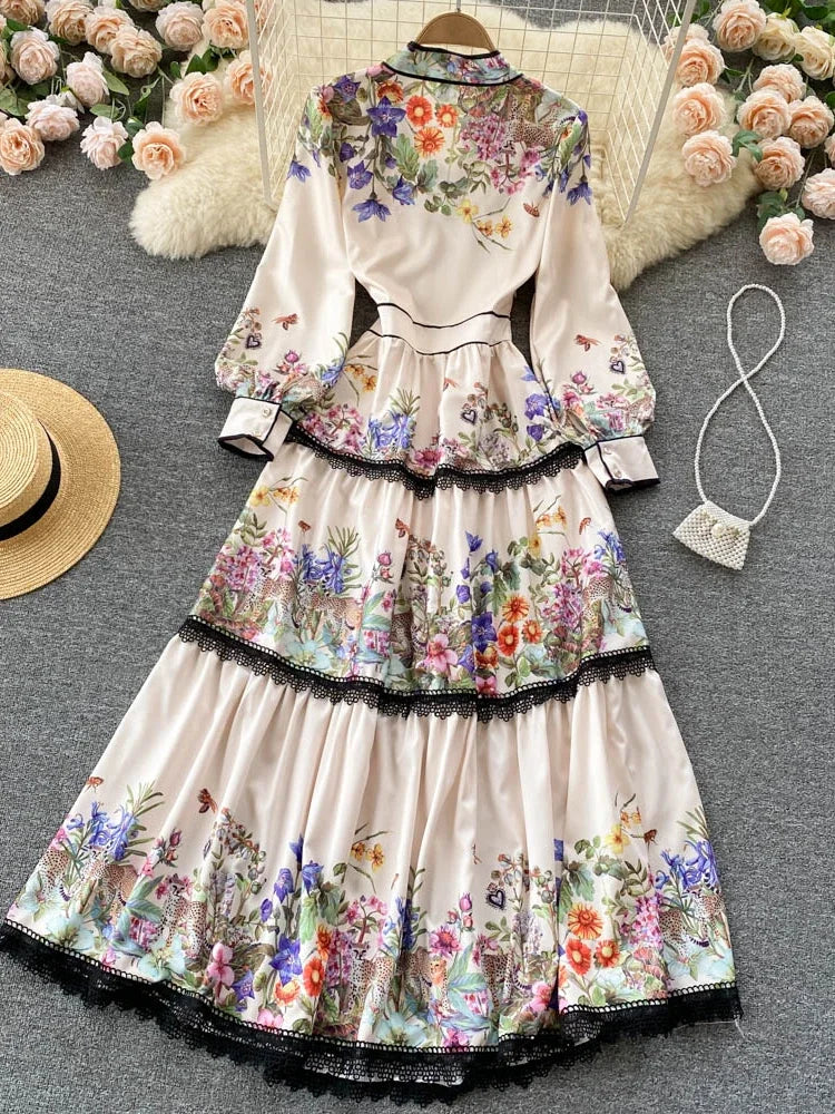 Long Dress Slim Printed Party Dresses Tie Bow Elastic Waist Lantern Long Sleeve Long Robe Vestidos