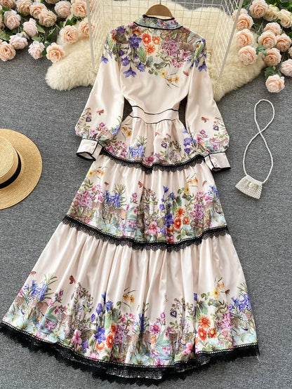 Long Dress Slim Printed Party Dresses Tie Bow Elastic Waist Lantern Long Sleeve Long Robe Vestidos