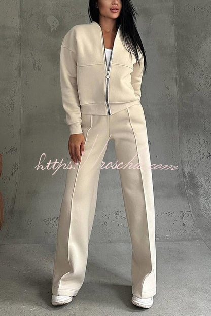 Color Long Sleeve Zipper Jacket and Elastic Waist Pocket Wide Leg Pants Set