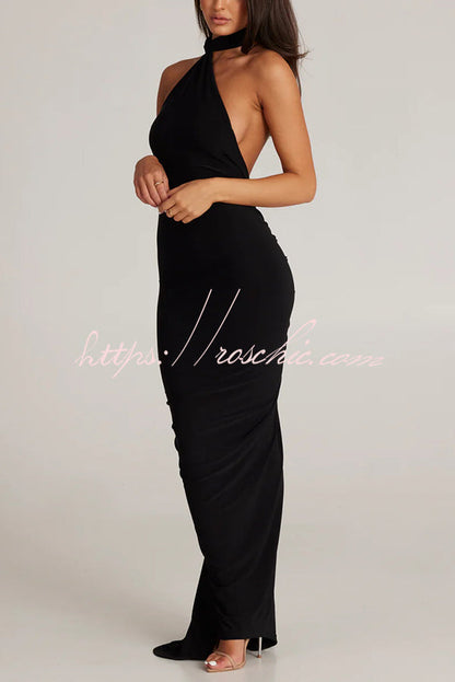 Backless Pleated Slim Color Sleeveless Maxi Dress