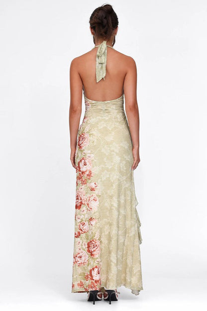Print Halter Backless Ruffle Maxi Dress