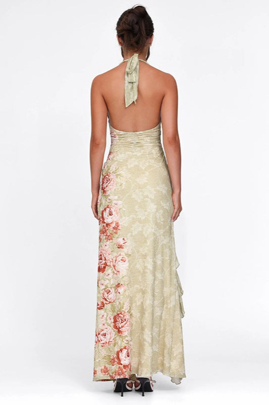 Print Halter Backless Ruffle Maxi Dress