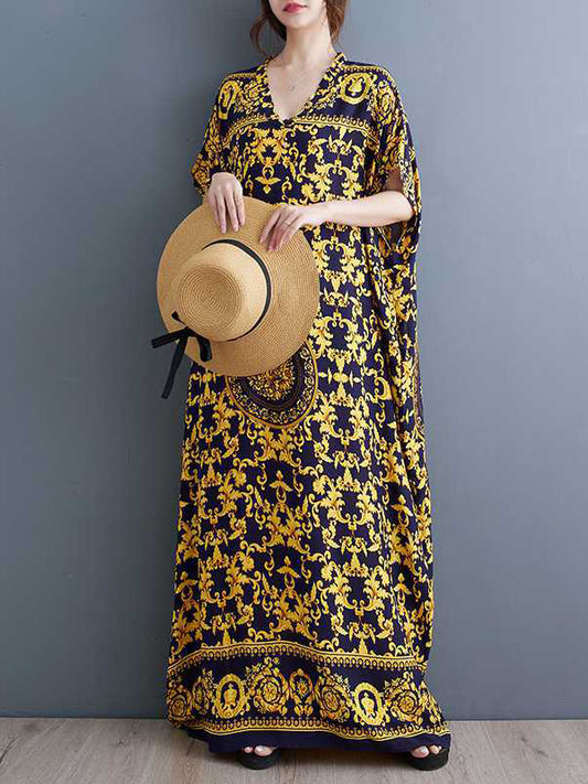 A-line Batwing Sleeves Printed V-neck Maxi Dresses