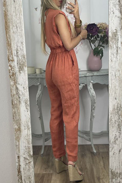 Pocket V Neck Loose Jumpsuits