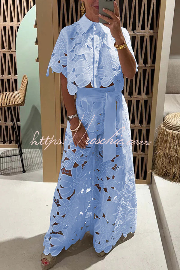 Redefining Elegance Lace Cropped Shirt and Belt Pocketed Wide Leg Pants Set