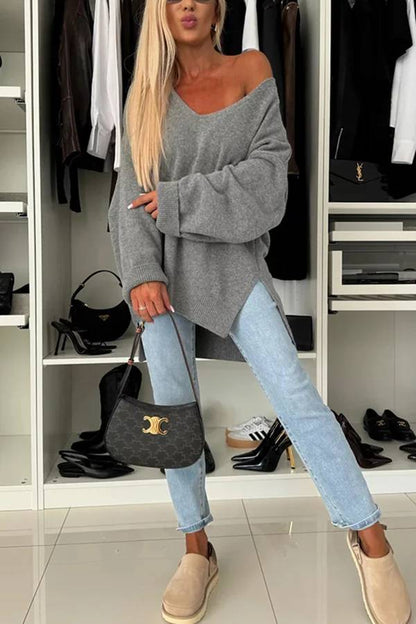 Cold Weather Knit Color Long Sleeve V-neck Irregular Relaxed Sweater