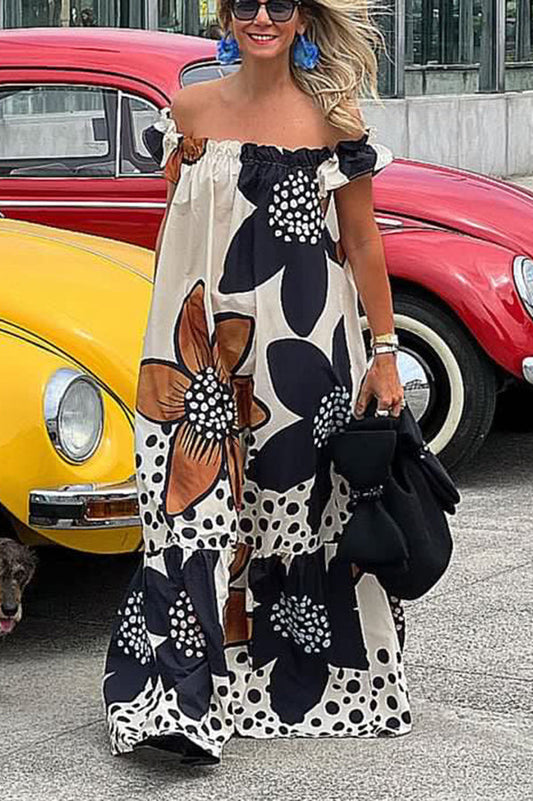 Bloom Season Linen Blend Printed Off Shoulder Pocketed A-line Maxi Dress