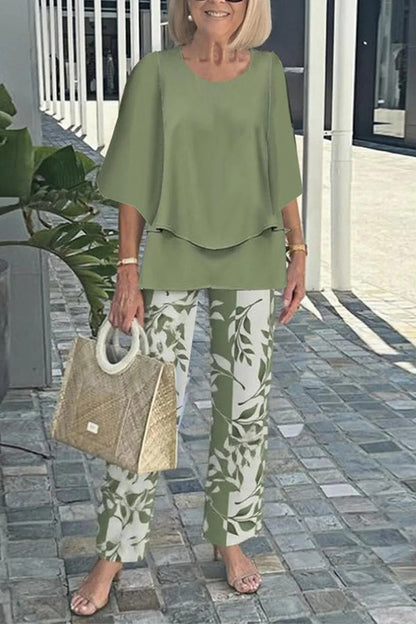 Round Neck Half Sleeve Loose Top and Elastic Waist Straight Pants Set