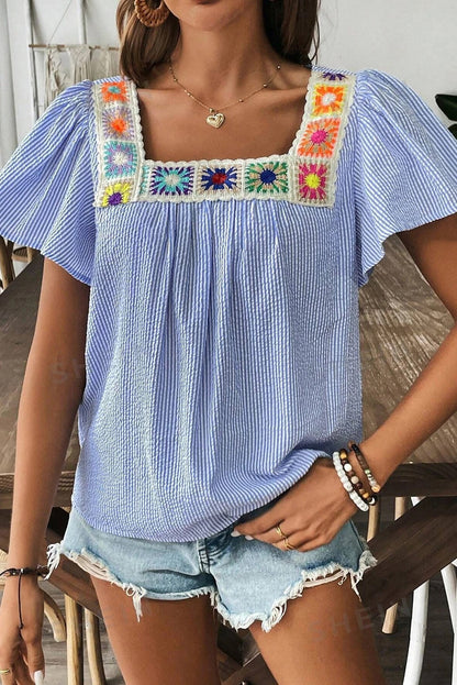 Sky Blue Striped Crochet Applique Blouse