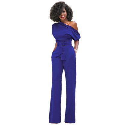 New Classic Color Diagonal Collar Button One Piece Wide Leg Jumpsuit