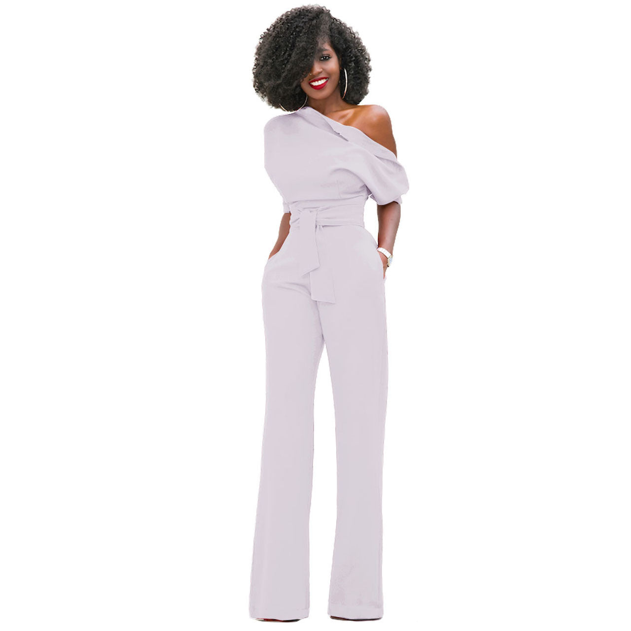 New Classic Color Diagonal Collar Button One Piece Wide Leg Jumpsuit