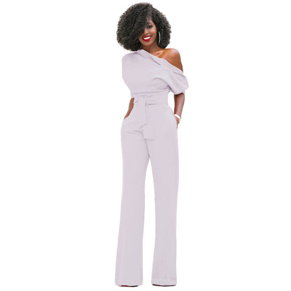 New Classic Color Diagonal Collar Button One Piece Wide Leg Jumpsuit