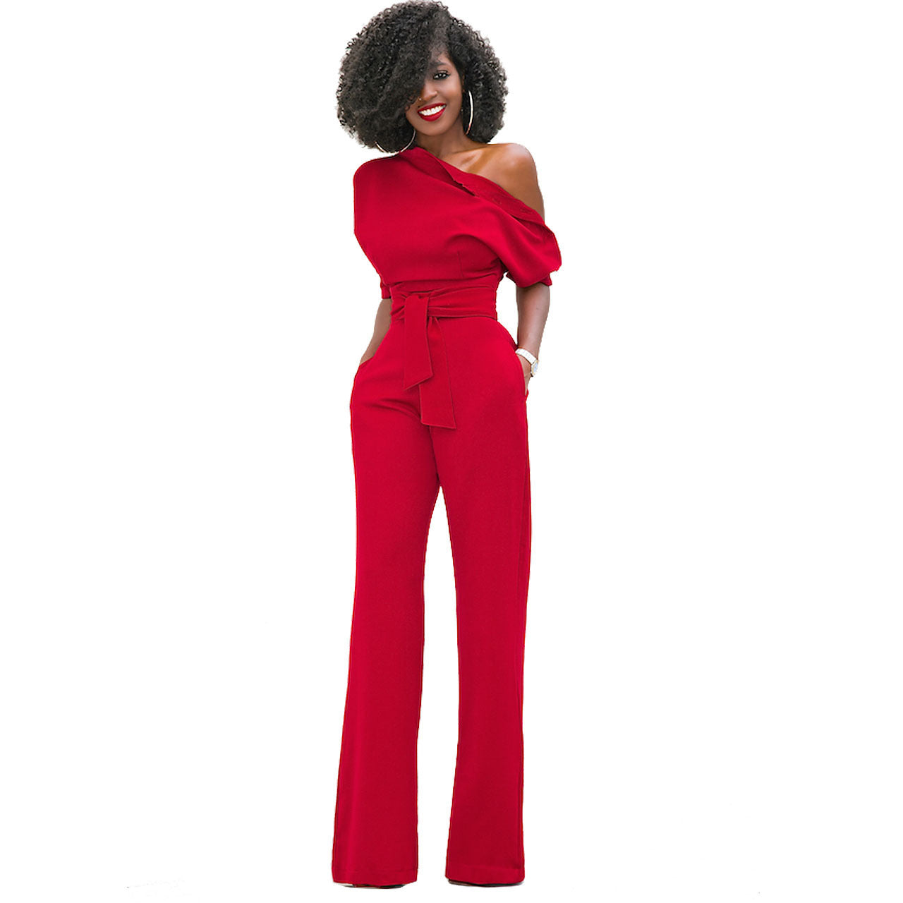 New Classic Color Diagonal Collar Button One Piece Wide Leg Jumpsuit
