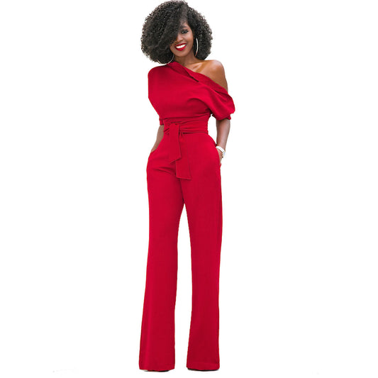 New Classic Color Diagonal Collar Button One Piece Wide Leg Jumpsuit