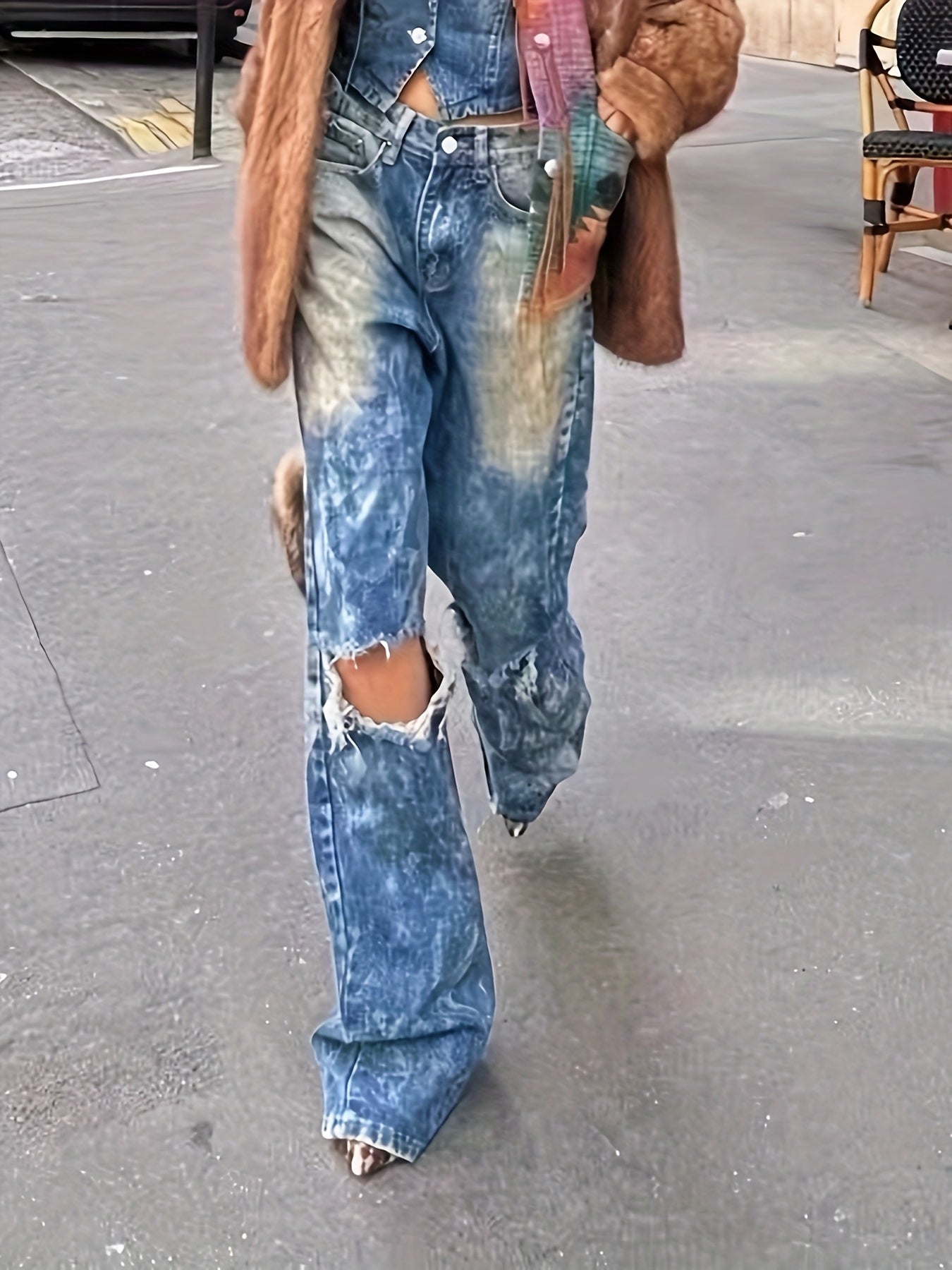 High Waist Slant Pockets Distressed Denim Pants Yh1789