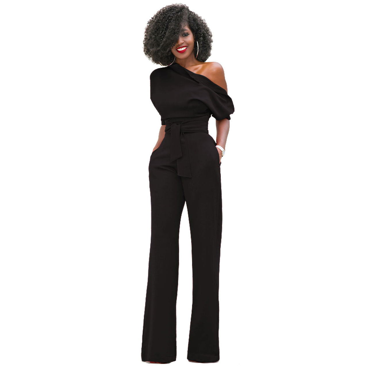 New Classic Color Diagonal Collar Button One Piece Wide Leg Jumpsuit