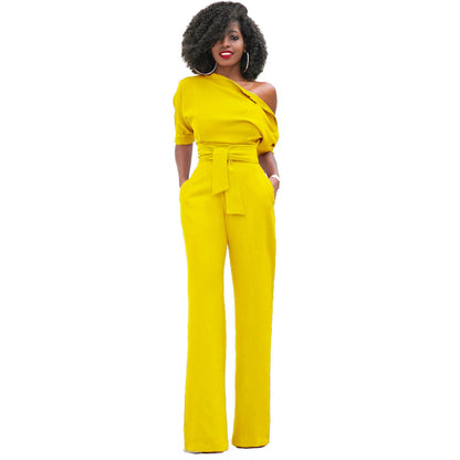 New Classic Color Diagonal Collar Button One Piece Wide Leg Jumpsuit