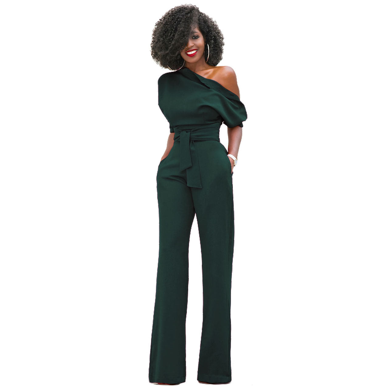 New Classic Color Diagonal Collar Button One Piece Wide Leg Jumpsuit