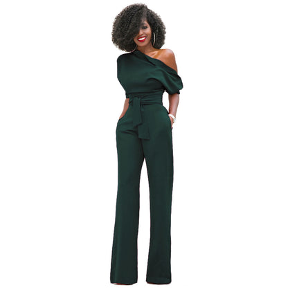 New Classic Color Diagonal Collar Button One Piece Wide Leg Jumpsuit