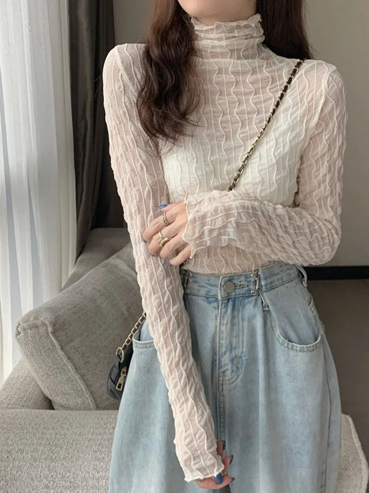 Lace Mesh High Collar Bottom T-shirts Female Long Sleeve Autumn Style Tight Thin Tops T-shirts Clothes