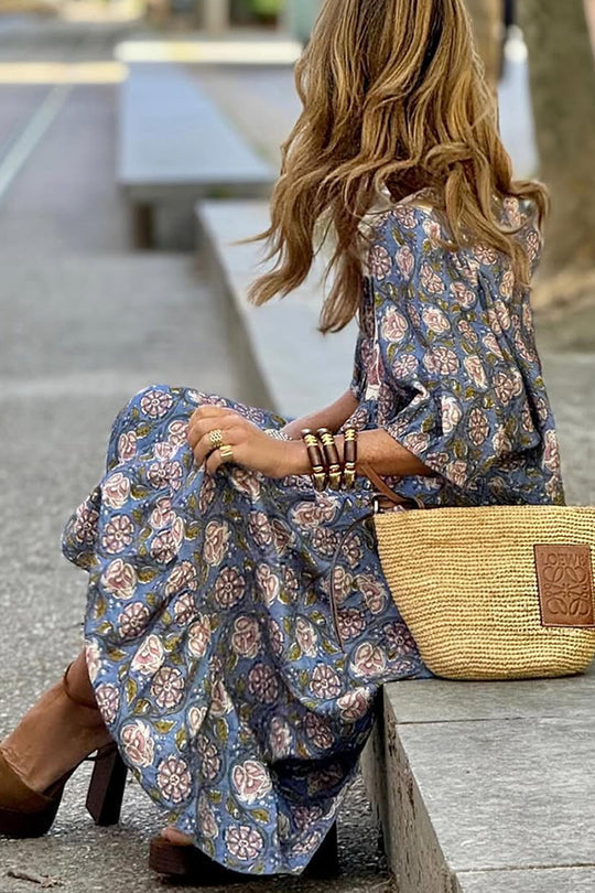 Unique Print Puff Sleeve Lace-up Loose Holiday Maxi Dress