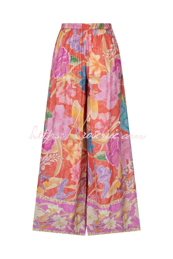 Painter's Garden Print Elastic Waist Pocketed Wide Leg Pants