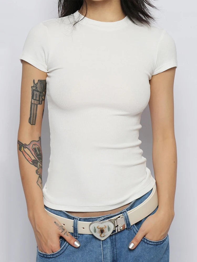 Basic Short Sleeve T-shirts Summer Simplicity Female Korean All-match Tops O-neck Black White Skinny Shirt