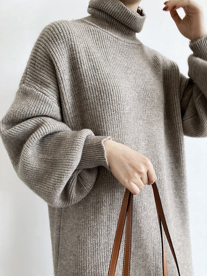 Urban Loose Purple High-neck Long Puff Sleeve Sweater Dress An1052