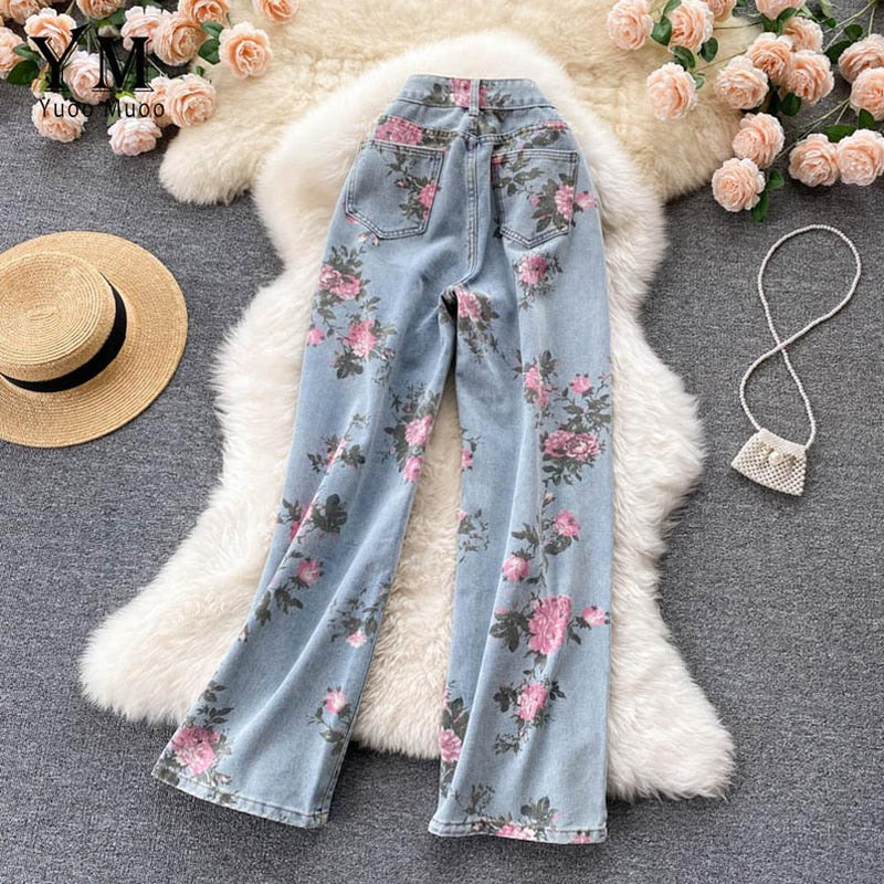 Blue Rose Print Wide Leg Denim Pants Ar1016
