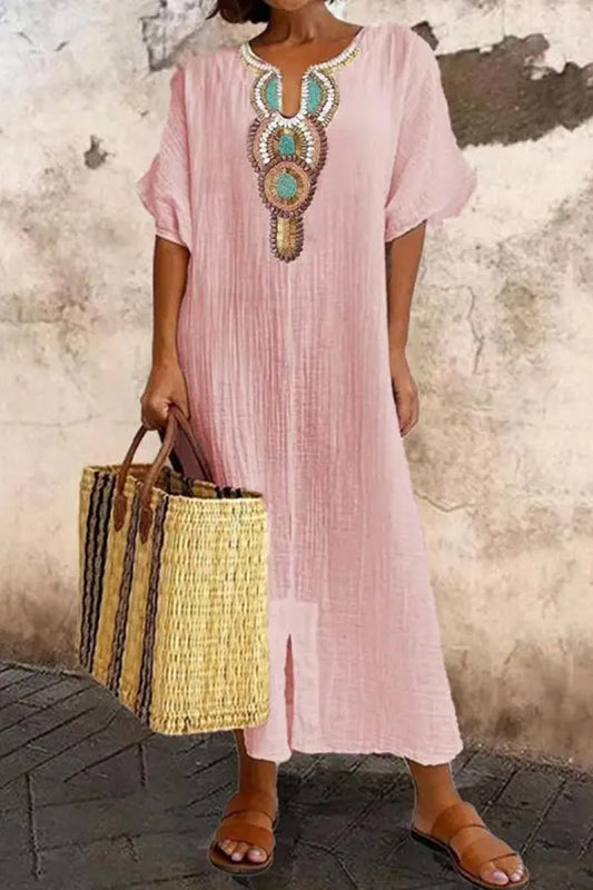 V-neck Loose Retro Print Short-sleeved Maxi Dress
