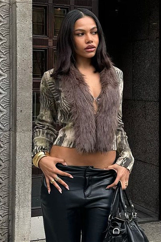 Retro Y2k Fuzzy Paneled Versatile Knit Cardigan