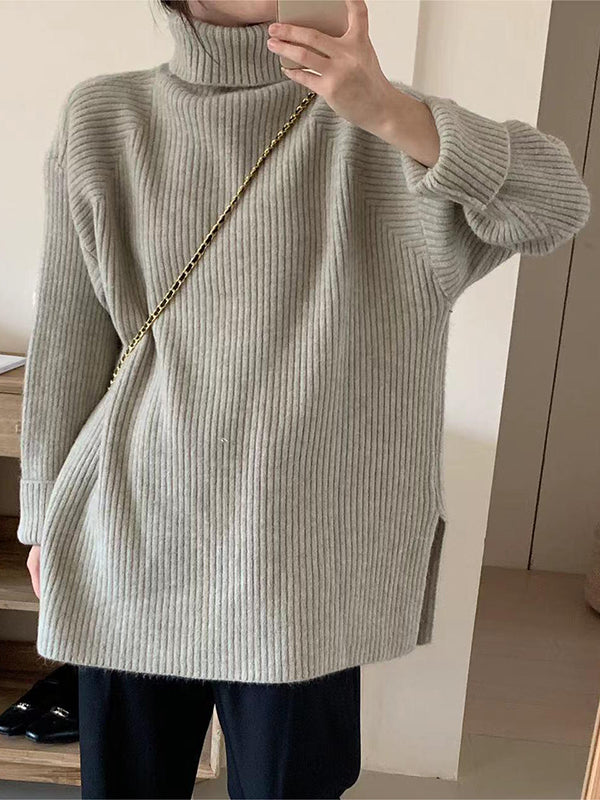 Simple Blue High Neck Split-side Long Sleeve Sweater Qx013