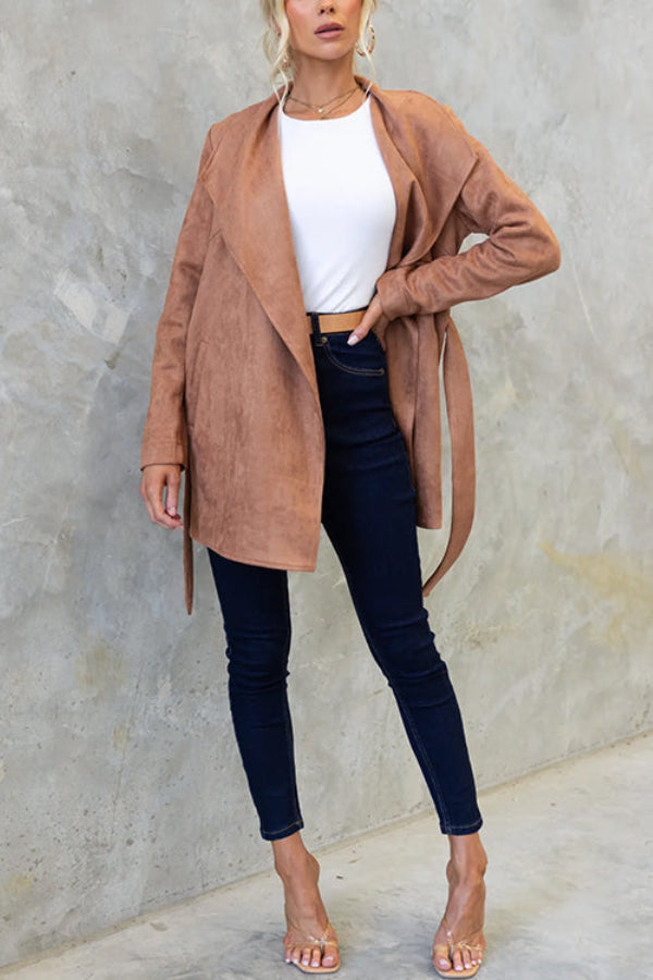 Collared Open Front Faux Suede Coat With Belt